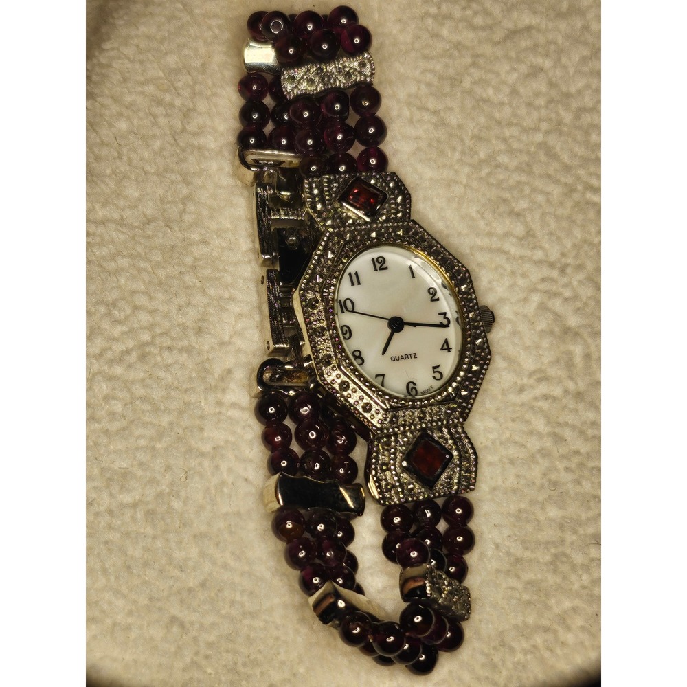 Avon Vintage Marcasite Style Beaded Watch Red Rhinestone Art Deco SR626SW